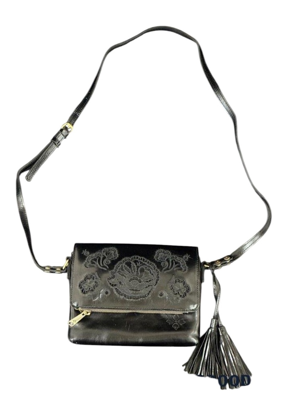 Patricia Nash Black Corfu Leather Crossbody Bag Tooled Lace Floral Purse OS - Picture 8 of 10